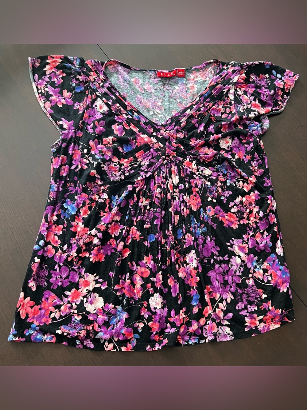 Elle Black Floral V-Neck Short Sleeve Blouse with Pink & Purple Blooms